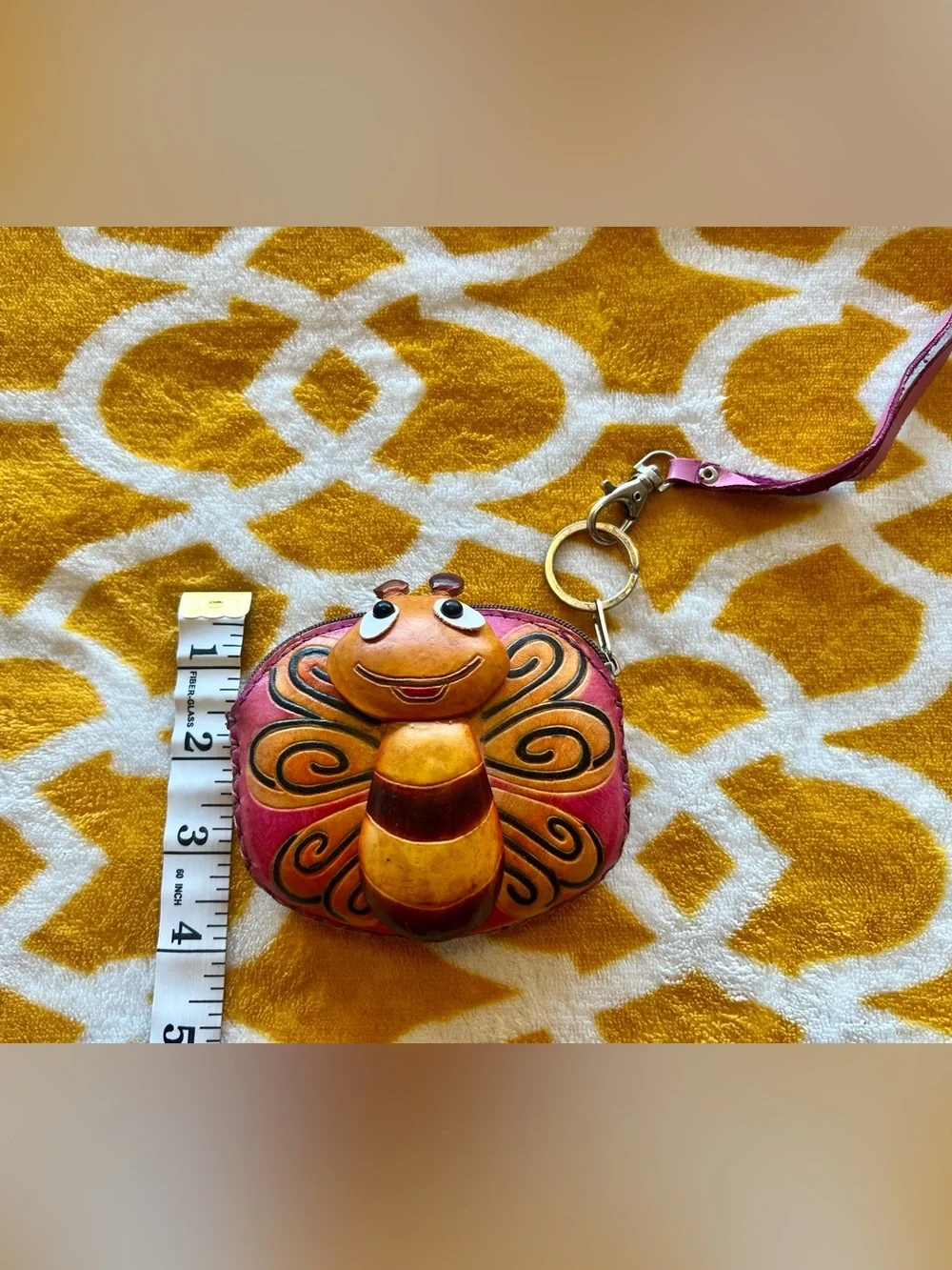 Bee Coin Wallet Wristlet w/ Zipper, Wrist Strap & Keychain, Purple/Brown/Yellow